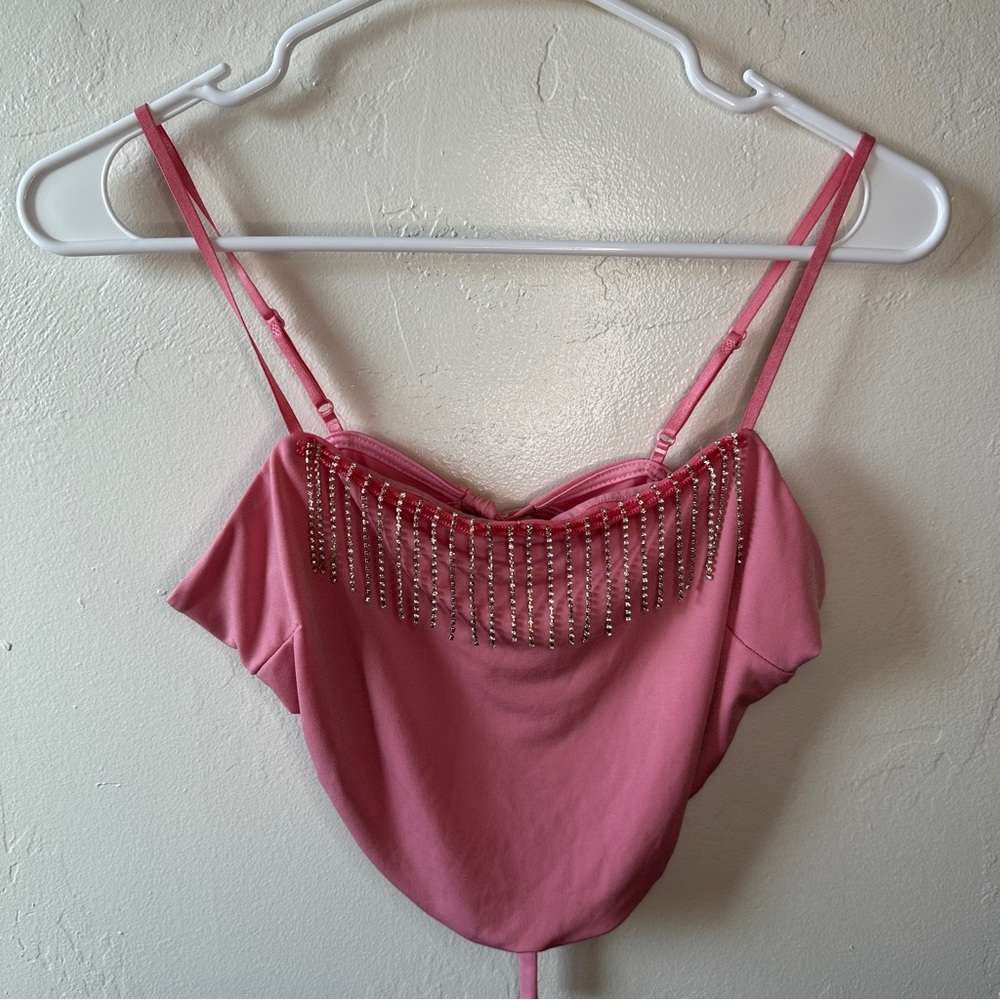 7 Day Wknd Metallic Pink Rhinestone Fringe Cropped Top Size L Festival Attire